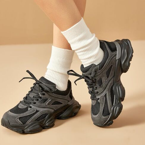 BEAU TODAY Platform Sneakers for Women, Womens Fashion Sneakers, Lace Up Chunky Leather Walking Sneakers, Comfortable Non-Slip Wide Width Casual Dad Shoes in Saudi Arabia