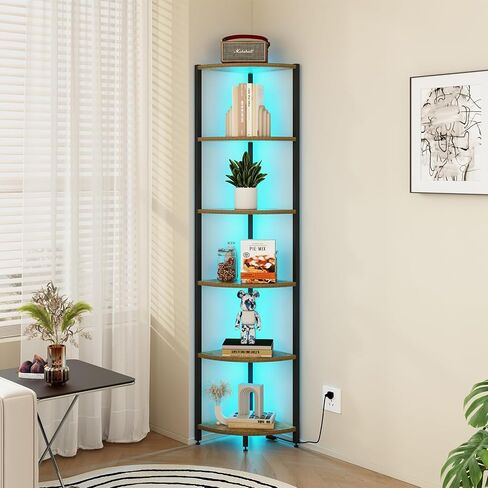 رف زاوية 6 مستويات مع مصابيح LED - رف الكتب الضيق 65 "، رفًا واقفًا مع رف تخزين ، إطار معدني قوي ورفوف مقاومة للماء ، بني ريفي ، لغرفة المعيشة/غرفة النوم/الحمام in Saudi Arabia