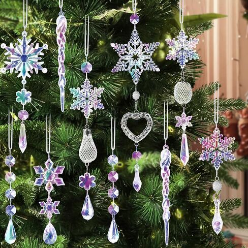 Crystal Ornaments Christmas Tree Decorations - 21pcs Christmas Tree Ornaments Sparkling Dazzling Festival Party Decoration Crystal Snowflake Design Hanging Ornament Holiday Season Home Decor in Saudi Arabia