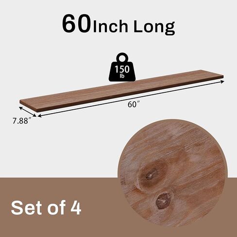 Rustic Wood Floating Shelves Set of 4, 60 Inches Wood Rustic Farmhouse Wall Shelves, Easy-to-Install Hanging Shelves for Living Room, Kitchen, and Bathroom, 150bs Capacity in Saudi Arabia