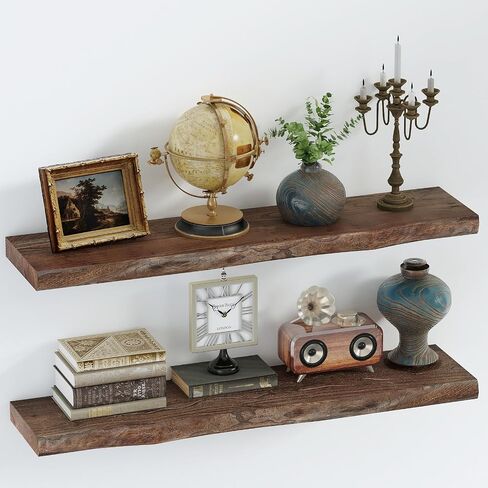 SAUMONIERES Live Edge Floating Shelves for Bedroom Living Room Wall Mounted Storage Long Natural Elm Wood Shelf Large Heavy Duty 8 Inch Deep, 24 inch Set of 2 Walnut Floating Shelves in Kuwait