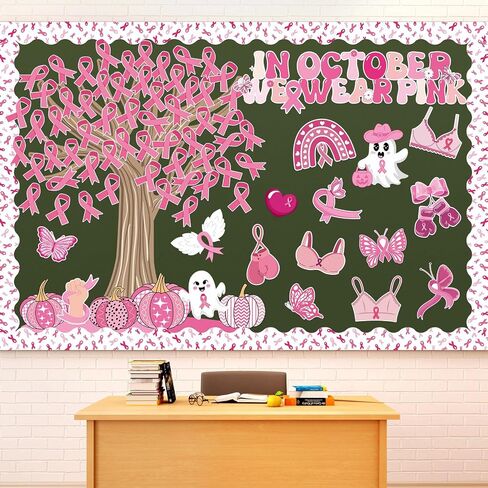 139 Pcs Pink Ribbon Breast Cancer Awareness Bulletin Board in October We Wear Pink Classroom Decoration Ghost Pumpkin Halloween Decor Name Tags Border Office School Chalkboard Wall Supplies in Saudi Arabia