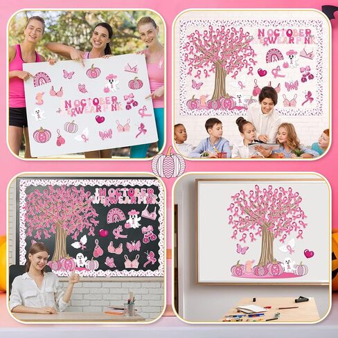 139 Pcs Pink Ribbon Breast Cancer Awareness Bulletin Board in October We Wear Pink Classroom Decoration Ghost Pumpkin Halloween Decor Name Tags Border Office School Chalkboard Wall Supplies in Saudi Arabia