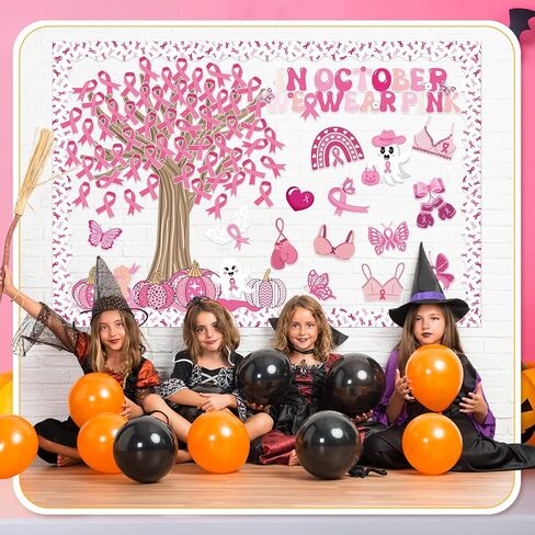 139 Pcs Pink Ribbon Breast Cancer Awareness Bulletin Board in October We Wear Pink Classroom Decoration Ghost Pumpkin Halloween Decor Name Tags Border Office School Chalkboard Wall Supplies in Saudi Arabia
