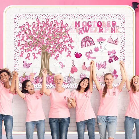 139 Pcs Pink Ribbon Breast Cancer Awareness Bulletin Board in October We Wear Pink Classroom Decoration Ghost Pumpkin Halloween Decor Name Tags Border Office School Chalkboard Wall Supplies in Saudi Arabia
