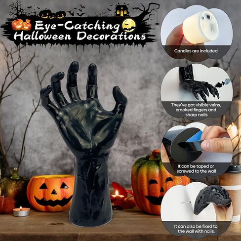 Halloween Decor Indoor, 4 Packs Creepy Reaching Hands with LED Candles, Life-Sized Gothic Wall Decor for Horror, Spooky Halloween Decorations for Home, Party, Goth & Dark Academia Style in Saudi Arabia