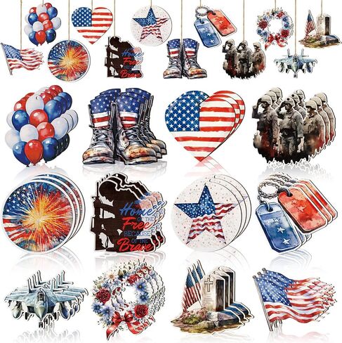 36 Pcs Memorial Day Wooden Ornaments Patriotic Tree Ornaments Red White Blue Hanging Decorations for Tree Car Happy Memorial Day Wooden Ornament for Holiday Party Home in Saudi Arabia