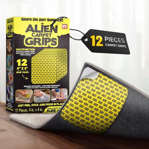 Alien Grip Rug Gripper Carpet Tape - 12pcs, 4x4 in. Anti-Slip Hardwood, Tile Floor, No Damage - Double Sided Reusable, Non Slip Corner Rug Pads - As Seen on TV in Saudi Arabia