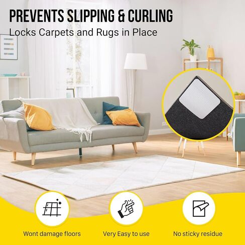 Alien Grip Rug Gripper Carpet Tape - 12pcs, 4x4 in. Anti-Slip Hardwood, Tile Floor, No Damage - Double Sided Reusable, Non Slip Corner Rug Pads - As Seen on TV in Saudi Arabia