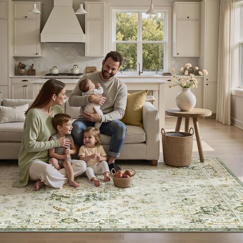 PADOOR-Vintage Area Rug 5X7 Rugs for Living Room-Soft Beige Rugs for Bedroom-Machine Washable Rugs Non Slip Carpet-Rug for Dining Room Living Room Bedside Office in Kuwait
