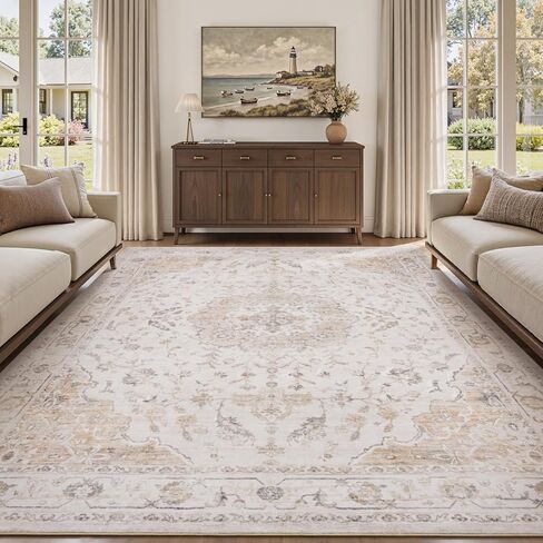 PADOOR-Vintage Area Rug 5X7 Rugs for Living Room-Soft Beige Rugs for Bedroom-Machine Washable Rugs Non Slip Carpet-Rug for Dining Room Living Room Bedside Office in Kuwait