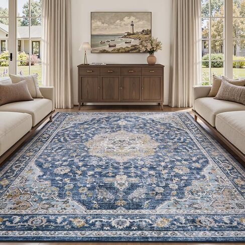 PADOOR-Vintage Area Rug 5X7 Rugs for Living Room-Soft Beige Rugs for Bedroom-Machine Washable Rugs Non Slip Carpet-Rug for Dining Room Living Room Bedside Office in Kuwait