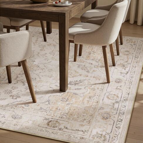 PADOOR-Vintage Area Rug 5X7 Rugs for Living Room-Soft Beige Rugs for Bedroom-Machine Washable Rugs Non Slip Carpet-Rug for Dining Room Living Room Bedside Office in Kuwait