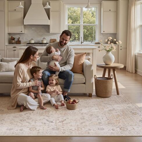 PADOOR-Vintage Area Rug 5X7 Rugs for Living Room-Soft Beige Rugs for Bedroom-Machine Washable Rugs Non Slip Carpet-Rug for Dining Room Living Room Bedside Office in Kuwait