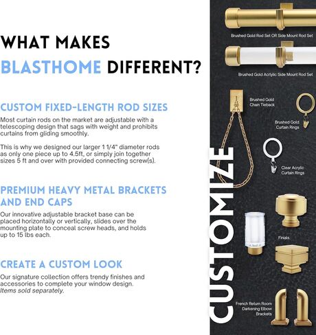 BlastHome® Luxury Curtain Rings – Premium Metal with Quiet, Smooth Nylon Inserts – Pinhooks and Clips Included – 1 1/2" Inside Diameter – 18 Rings for Two Standard Curtains – Brushed Gold in Saudi Arabia