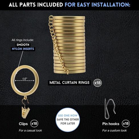 BlastHome® Luxury Curtain Rings – Premium Metal with Quiet, Smooth Nylon Inserts – Pinhooks and Clips Included – 1 1/2" Inside Diameter – 18 Rings for Two Standard Curtains – Brushed Gold in Saudi Arabia