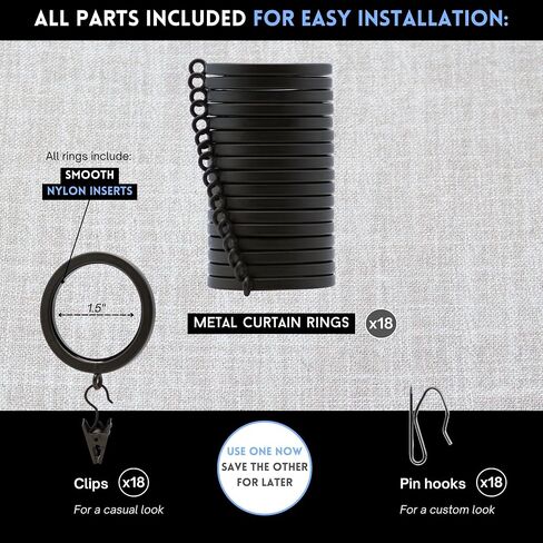 BlastHome® Luxury Curtain Rings – Premium Metal with Quiet, Smooth Nylon Inserts – Pinhooks and Clips Included – 1 1/2" Inside Diameter – 18 Rings for Two Standard Curtains – Brushed Gold in Saudi Arabia