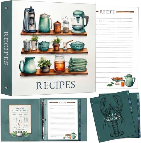 Recipe Binder Organizer, 3 Ring Silver Cookbook Binder with 30 Recipe Pages, 30 Plastic Sleeves, 9 Full Color Dividers 11x12x2 Inch, Recipe Organizer in Saudi Arabia