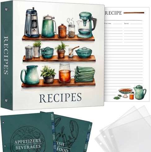 Recipe Binder Organizer, 3 Ring Silver Cookbook Binder with 30 Recipe Pages, 30 Plastic Sleeves, 9 Full Color Dividers 11x12x2 Inch, Recipe Organizer in Saudi Arabia