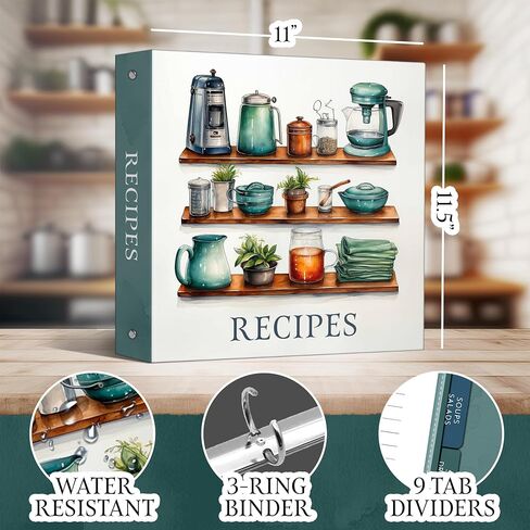 Recipe Binder Organizer, 3 Ring Silver Cookbook Binder with 30 Recipe Pages, 30 Plastic Sleeves, 9 Full Color Dividers 11x12x2 Inch, Recipe Organizer in Saudi Arabia