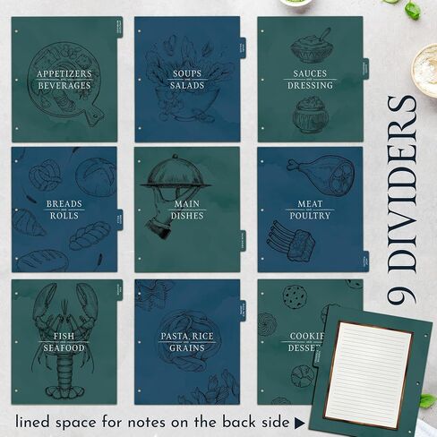 Recipe Binder Organizer, 3 Ring Silver Cookbook Binder with 30 Recipe Pages, 30 Plastic Sleeves, 9 Full Color Dividers 11x12x2 Inch, Recipe Organizer in Saudi Arabia