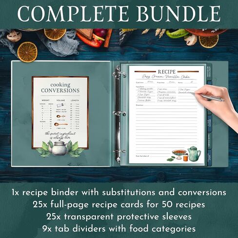 Recipe Binder Organizer, 3 Ring Silver Cookbook Binder with 30 Recipe Pages, 30 Plastic Sleeves, 9 Full Color Dividers 11x12x2 Inch, Recipe Organizer in Saudi Arabia