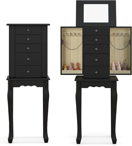 Goflame Dacking Jewellry Cabinet Armoire مع مرآة قمة أعلى ، صندوق مربع للمجوهرات مع 4 أدراج ، مقصورات أعلى ، 8 خطافات قلادة وأبواب جانبية ، منظم تخزين المجوهرات لغرفة النوم ، الأسود in Kuwait