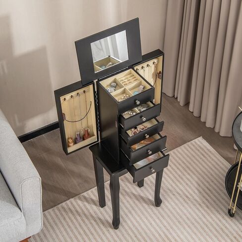 Goflame Dacking Jewellry Cabinet Armoire مع مرآة قمة أعلى ، صندوق مربع للمجوهرات مع 4 أدراج ، مقصورات أعلى ، 8 خطافات قلادة وأبواب جانبية ، منظم تخزين المجوهرات لغرفة النوم ، الأسود in Kuwait