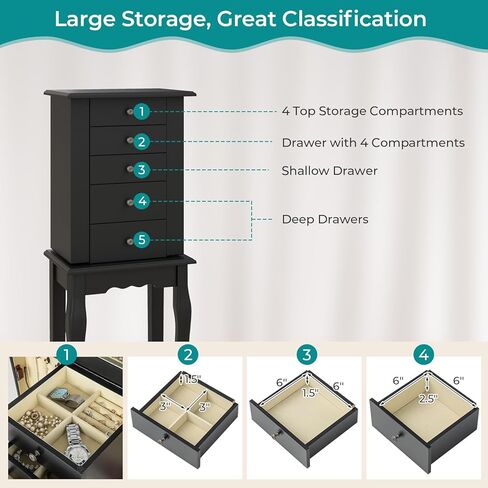 Goflame Dacking Jewellry Cabinet Armoire مع مرآة قمة أعلى ، صندوق مربع للمجوهرات مع 4 أدراج ، مقصورات أعلى ، 8 خطافات قلادة وأبواب جانبية ، منظم تخزين المجوهرات لغرفة النوم ، الأسود in Kuwait