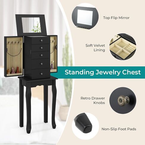Goflame Dacking Jewellry Cabinet Armoire مع مرآة قمة أعلى ، صندوق مربع للمجوهرات مع 4 أدراج ، مقصورات أعلى ، 8 خطافات قلادة وأبواب جانبية ، منظم تخزين المجوهرات لغرفة النوم ، الأسود in Kuwait