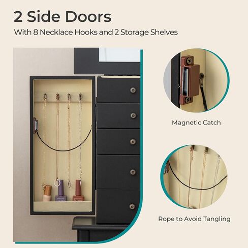 Goflame Dacking Jewellry Cabinet Armoire مع مرآة قمة أعلى ، صندوق مربع للمجوهرات مع 4 أدراج ، مقصورات أعلى ، 8 خطافات قلادة وأبواب جانبية ، منظم تخزين المجوهرات لغرفة النوم ، الأسود in Kuwait