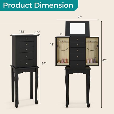 Goflame Dacking Jewellry Cabinet Armoire مع مرآة قمة أعلى ، صندوق مربع للمجوهرات مع 4 أدراج ، مقصورات أعلى ، 8 خطافات قلادة وأبواب جانبية ، منظم تخزين المجوهرات لغرفة النوم ، الأسود in Kuwait