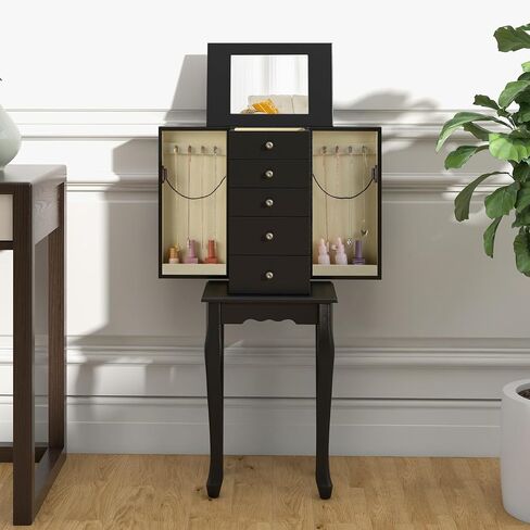 Goflame Dacking Jewellry Cabinet Armoire مع مرآة قمة أعلى ، صندوق مربع للمجوهرات مع 4 أدراج ، مقصورات أعلى ، 8 خطافات قلادة وأبواب جانبية ، منظم تخزين المجوهرات لغرفة النوم ، الأسود in Kuwait