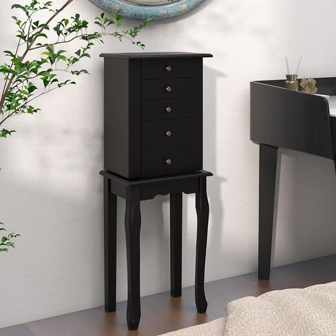 Goflame Dacking Jewellry Cabinet Armoire مع مرآة قمة أعلى ، صندوق مربع للمجوهرات مع 4 أدراج ، مقصورات أعلى ، 8 خطافات قلادة وأبواب جانبية ، منظم تخزين المجوهرات لغرفة النوم ، الأسود in Kuwait