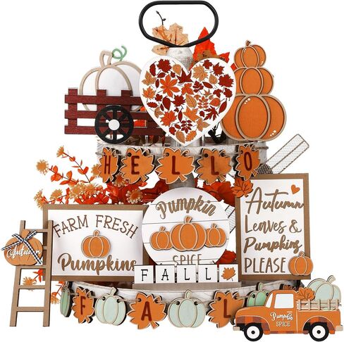 MAITYS 23 PCS Fall Tiered Tired Tray Decoration مجموعة عيد الشكر القربين لورق Maple Truck Decord Wooden Sign Decor in Saudi Arabia