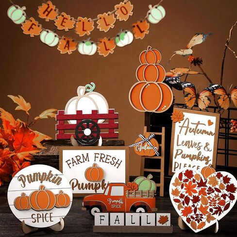 MAITYS 23 PCS Fall Tiered Tired Tray Decoration مجموعة عيد الشكر القربين لورق Maple Truck Decord Wooden Sign Decor in Saudi Arabia