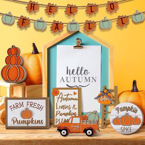 MAITYS 23 PCS Fall Tiered Tired Tray Decoration مجموعة عيد الشكر القربين لورق Maple Truck Decord Wooden Sign Decor in Saudi Arabia