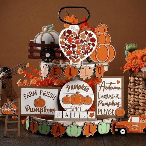 MAITYS 23 PCS Fall Tiered Tired Tray Decoration مجموعة عيد الشكر القربين لورق Maple Truck Decord Wooden Sign Decor in Saudi Arabia