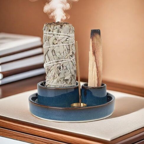 4 in 1 Incense Holder, Palo Santo Stick Holder,Sage Holder for Burning- 4.25" Sage Incense Holder for Meditation Room Home Decor (Blue Reactive) in Saudi Arabia