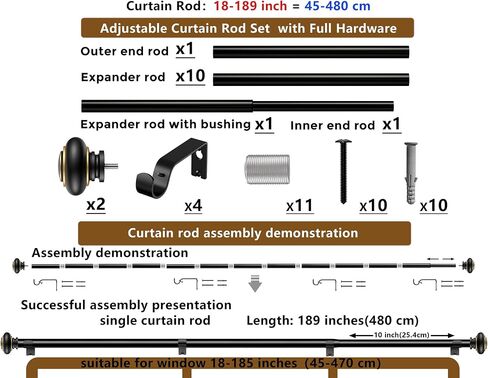 2 Pack Curtain Rods 18-58 inch, for Window 48 Inch, Adjustable Length Heavy Duty Diameter 7/8 inch, Modern Finials, Black in Kuwait