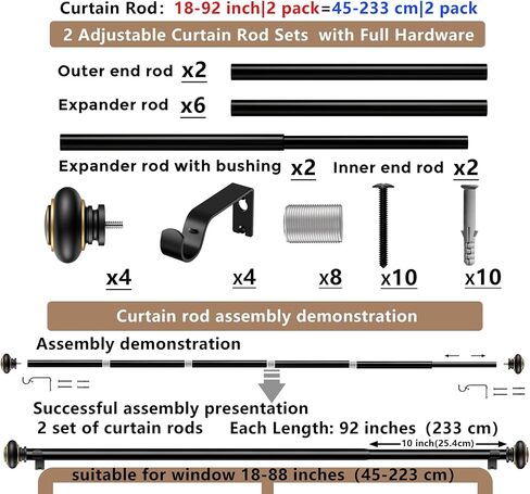 2 Pack Curtain Rods 18-58 inch, for Window 48 Inch, Adjustable Length Heavy Duty Diameter 7/8 inch, Modern Finials, Black in Kuwait