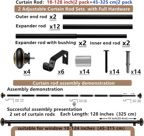 2 Pack Curtain Rods 18-58 inch, for Window 48 Inch, Adjustable Length Heavy Duty Diameter 7/8 inch, Modern Finials, Black in Kuwait