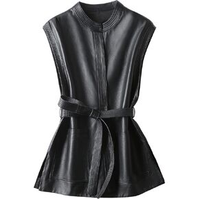 Women’s Black Genuine Sheepskin Round Neck Luxury Lightweight Sleeveless Belted Leather Vest in Saudi Arabia