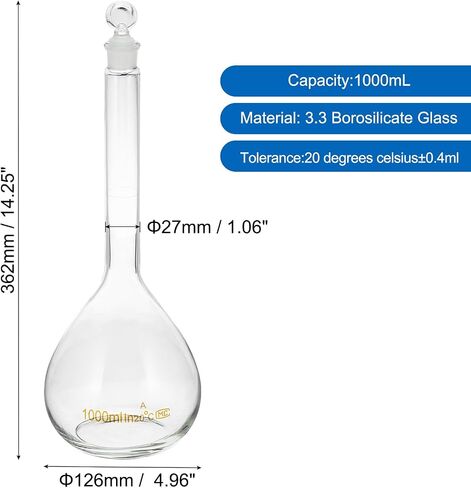 PATIKIL 250ml Volumetric Flask, 3.3 Borosilicate Glass Graduated Volumetric Measuring Flask with Glass Stopper Tolerance 0.10ml for Lab Experiment, Clear in Saudi Arabia
