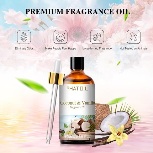 3.38FL.OZ Coconut & Vanilla Fragrance Oils for Aromatherapy, Essential Oils for Diffusers for Home, Perfect for Diffuser, Yoga, DIY Candle and Soap Making - 100ml in Kuwait