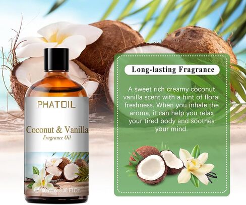 3.38FL.OZ Coconut & Vanilla Fragrance Oils for Aromatherapy, Essential Oils for Diffusers for Home, Perfect for Diffuser, Yoga, DIY Candle and Soap Making - 100ml in Kuwait