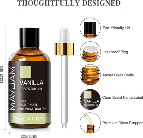 Vanilla Essential Oil 30ml/1.01fl.oz, MAYJAM Premium Vanilla Oils for Aromatherapy, Diffuser, Soap Making, Candle Making, Long Lasting Scents in Saudi Arabia