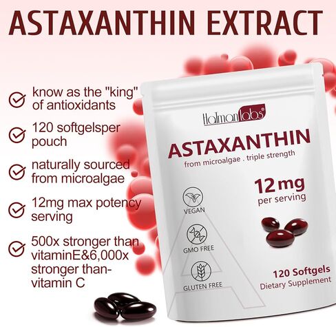 Astaxanthin 12mg, Premium Astaxanthin Antioxidant Supplements with Antioxidant Activity, Supports Eye, Immune, Skin Health, Internal Circulation-120 Softgels in Kuwait
