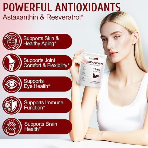 Astaxanthin 12mg, Premium Astaxanthin Antioxidant Supplements with Antioxidant Activity, Supports Eye, Immune, Skin Health, Internal Circulation-120 Softgels in Kuwait