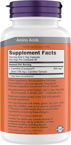 Now Supplements, L-Carnitine 250 mg, Purest Form*, Amino Acid*, Fitness Support*, Metabolic Support 120 Vegetarian Capsules, Gluten Free, Vegan, Kosher, Non-GMO (2) in Saudi Arabia